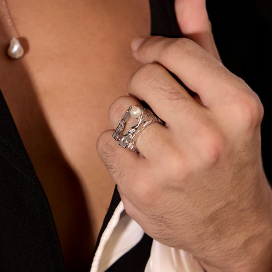 LARME DE PERLE SUR L'OCÉAN - Bague en Argent 925 avec Perle