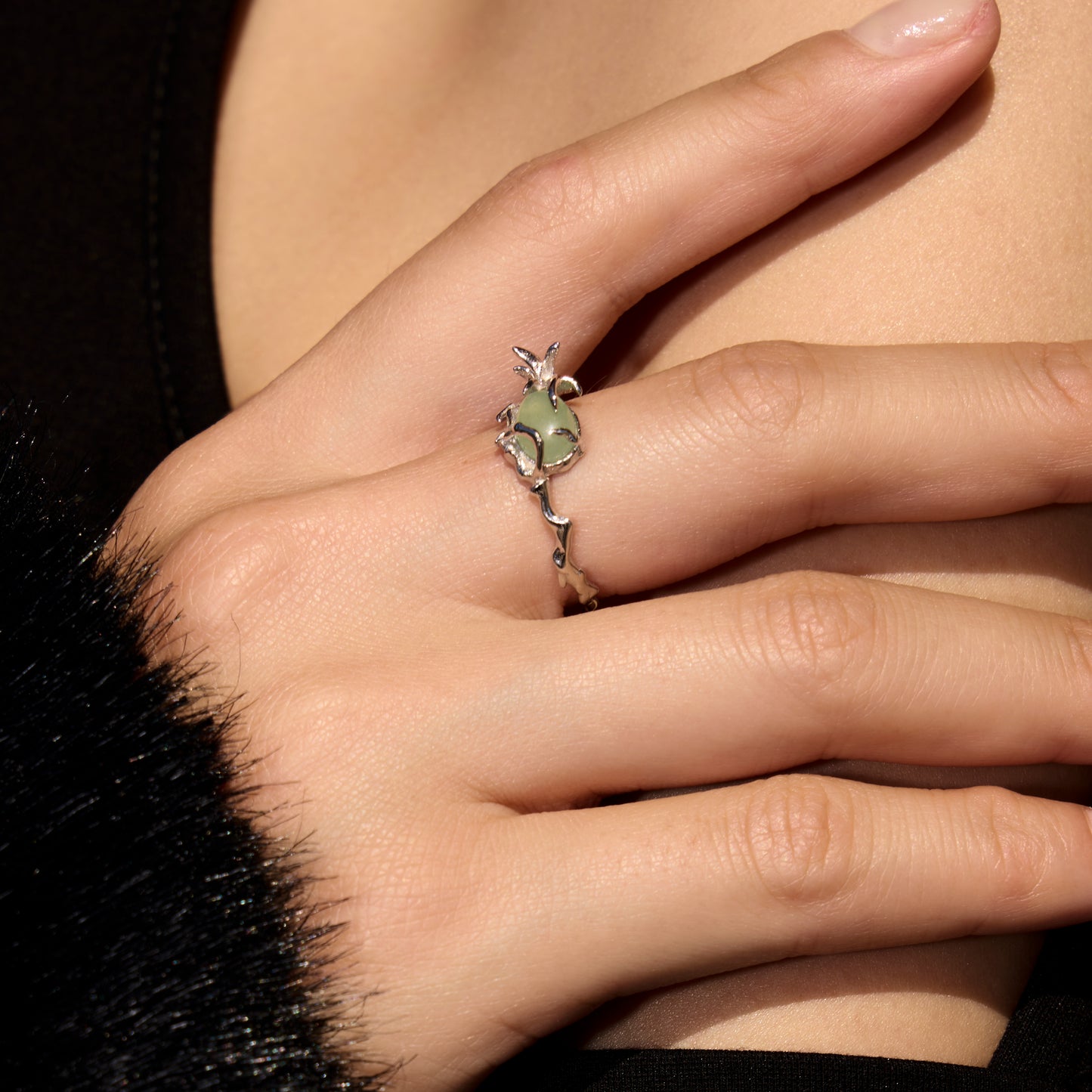 CŒUR D'ORCHIDÉE EN JADE LAITEUX - Bague en Argent 925 avec Jade