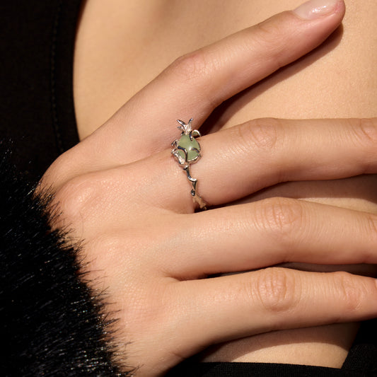 CŒUR D'ORCHIDÉE EN JADE LAITEUX - Bague en Argent 925 avec Jade